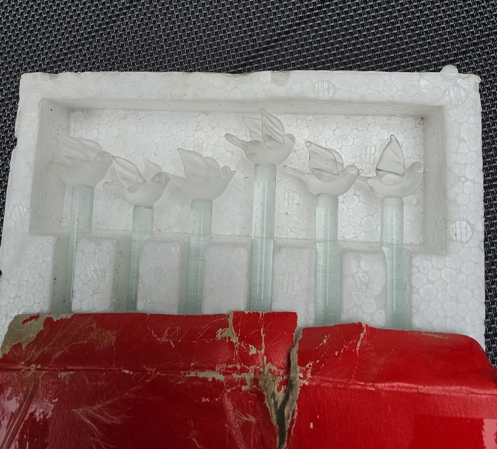 6 Vintage Glass Swizzle Sticks Set Frosted Bird Cocktail Drink Stirrers In Box